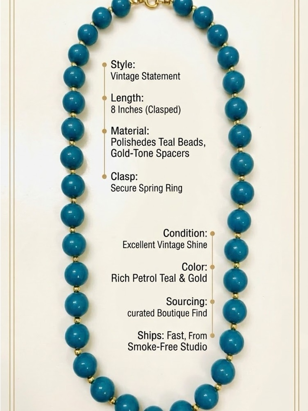 Vintage Teal Beaded Necklace with Gold Spacers